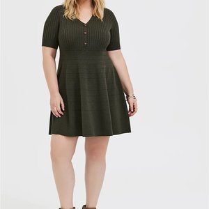 NWT Torrid Sweater Knit Olive Green Button Skater Dress Size 1/14